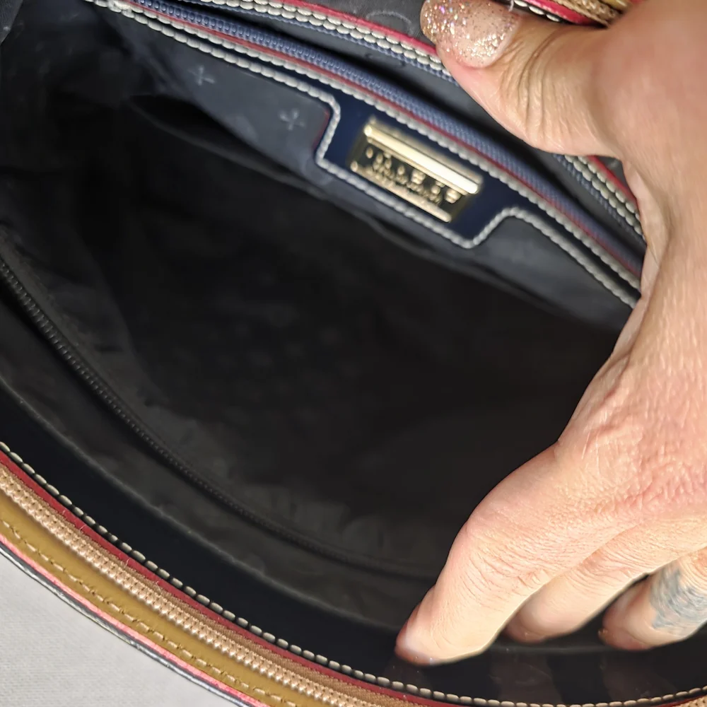 INVECE Blue Dark Patent Tote with Tan Handles - Women Bags.used,paint Defect.